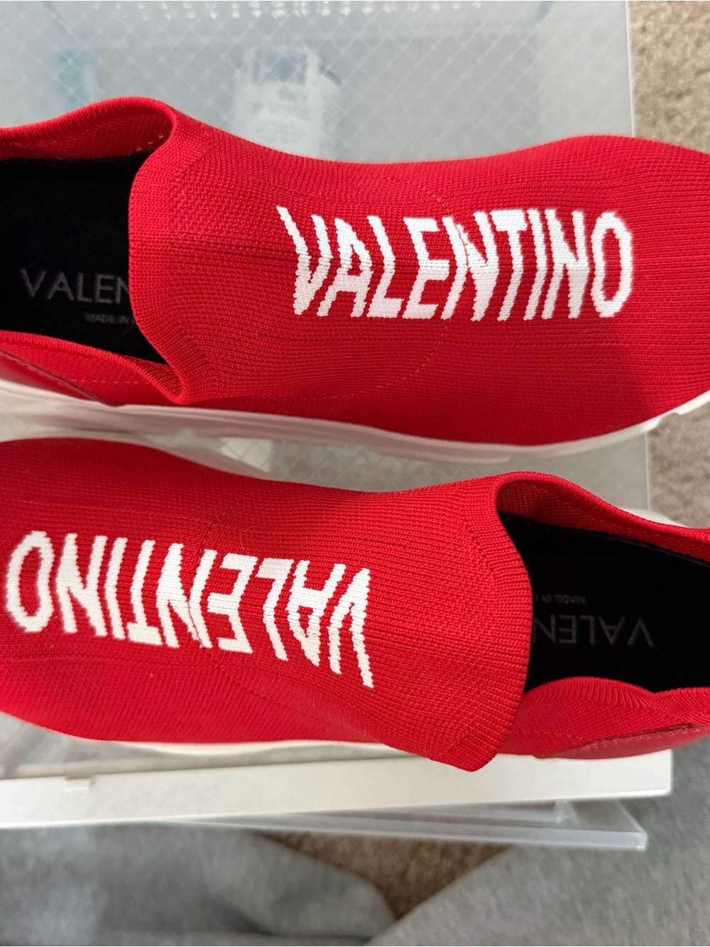Valentino Red Knit Logo Slip-On Sneakers